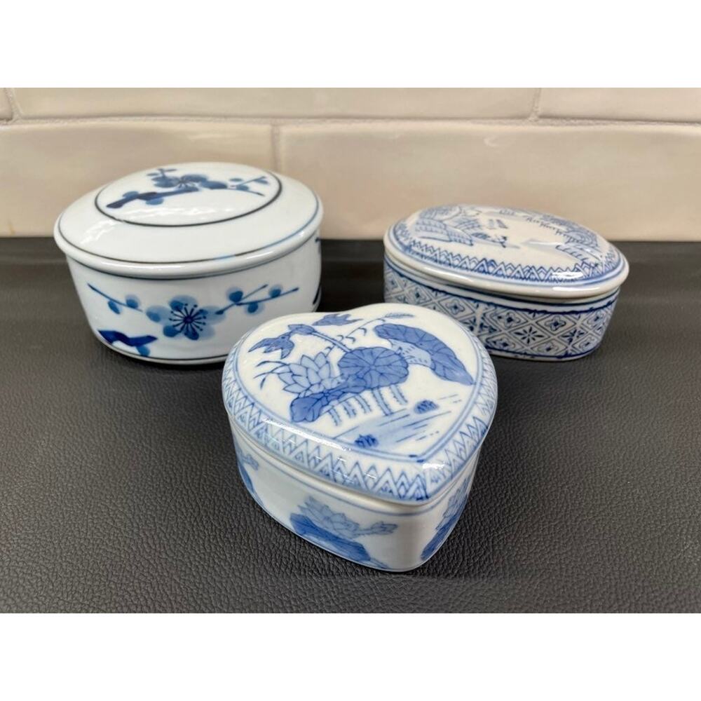 Collection of Blue and White Lidded Dishes Keepsake Boxes